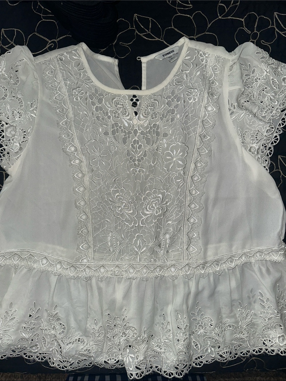Express White Embroidered Lace Peplum Blouse